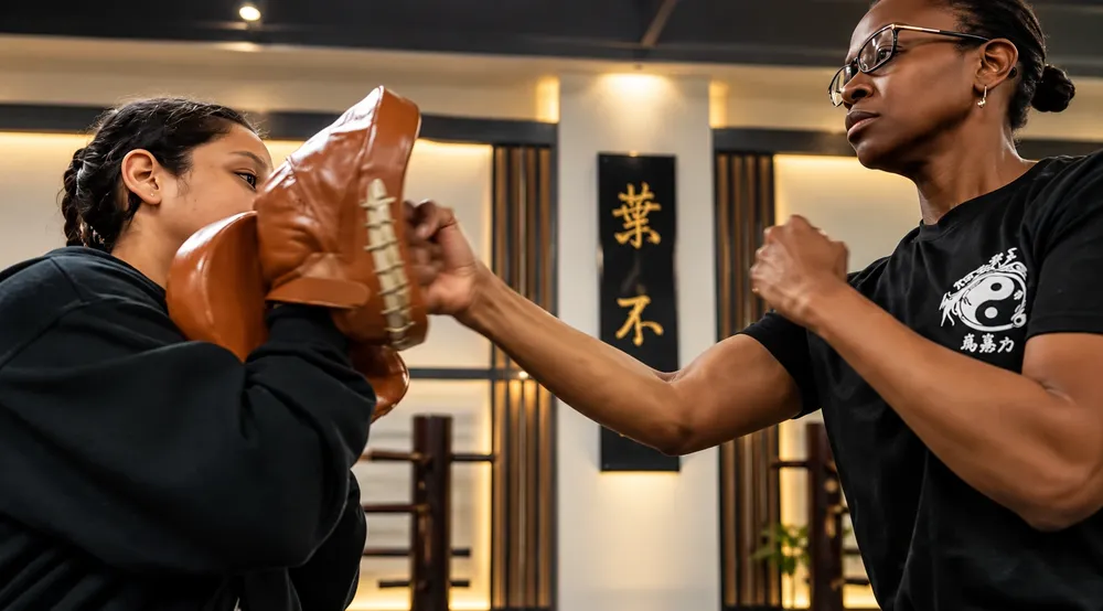 Two students training Wing Chun with a focus pad